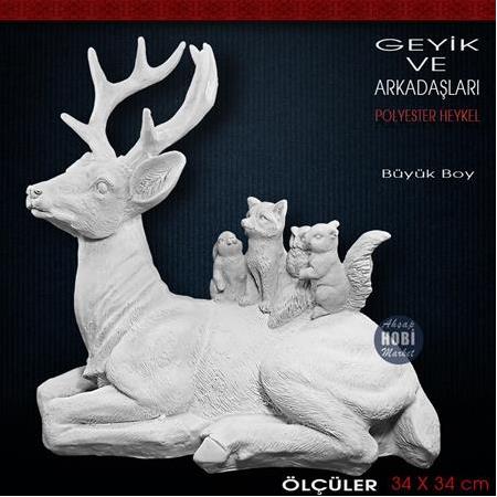 Geyik ve Hayvanlar Heykeli Büyük (34x34 cm) Ham Polyester