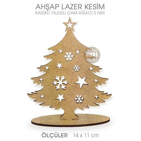 Yıldızlı Çam Ağacı Yılbaşı Süsü (14x11 cm) Ahşap Lazer Kesim