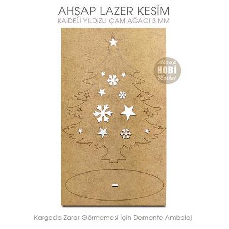 Yıldızlı Çam Ağacı Yılbaşı Süsü (14x11 cm) Ahşap Lazer Kesim