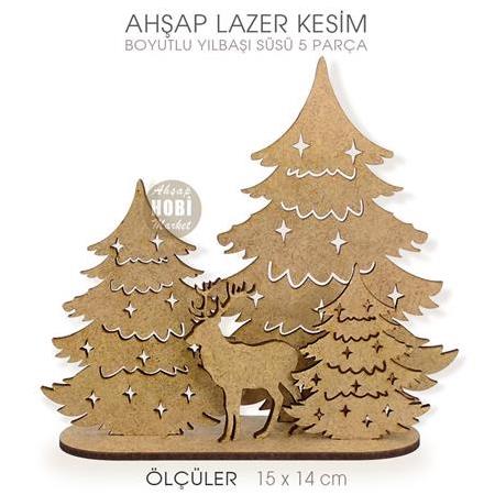 Boyutlu Yılbaşı Süsü Geyikli Ağaçlı (15x14 cm) Ahşap Lazer Kesim