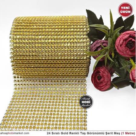 24 Sıralı Kristal Taş Görünümlü Gold Plastik Şerit - 1mt