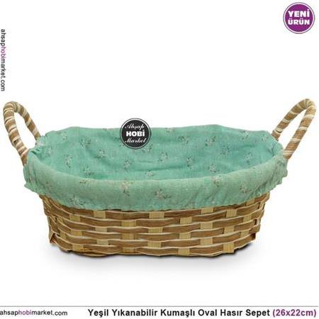 Hasır Oval Sepet Yıkanabilir Yeşil Kumaşlı (26x22cm)