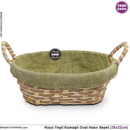 Hasır Oval Sepet Yıkanabilir Koyu Yeşil Kumaşlı (26x22cm)