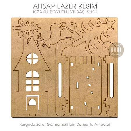 Boyutlu Yılbaşı Süsü Kızaklı Evli (15x13 cm) Ahşap Lazer Kesim