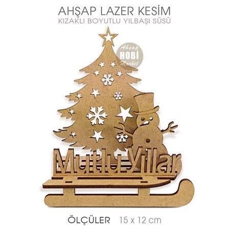 Boyutlu Yılbaşı Süsü Kızaklı Ağaçlı (15x12 cm) Ahşap Lazer Kesim