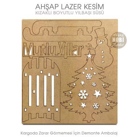 Boyutlu Yılbaşı Süsü Kızaklı Ağaçlı (15x12 cm) Ahşap Lazer Kesim