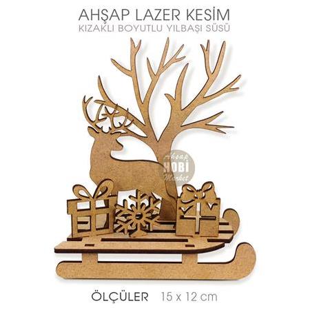 Boyutlu Yılbaşı Süsü Kızaklı Paketli (15x12 cm) Ahşap Lazer Kesim
