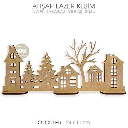 Boyutlu Yılbaşı Kasabası Dekor (24x11 cm) Ahşap Lazer Kesim