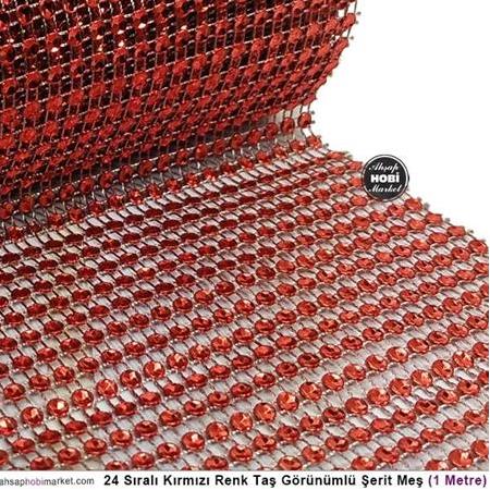 24 Sıralı Kristal Taş Görünümlü Kırmızı Şerit - 1mt