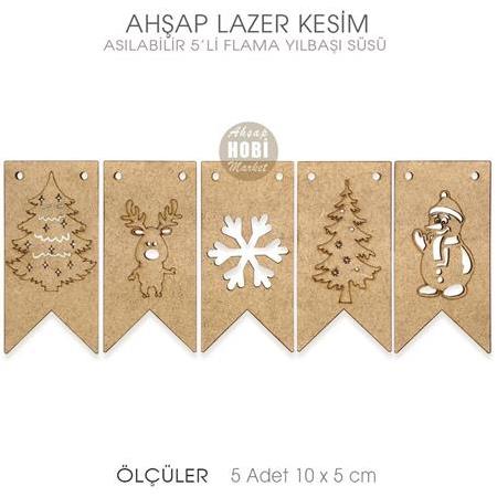 Ahşap Asılabilir 5'li Yılbaşı Flama Lazer Kesim