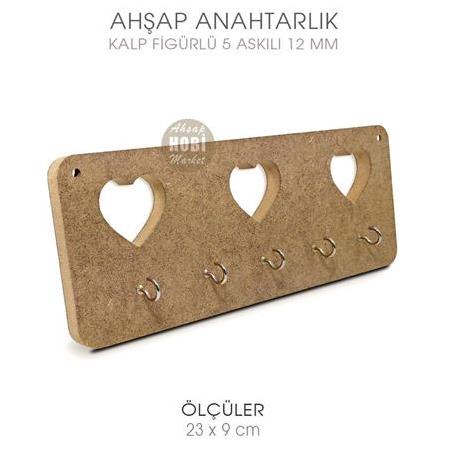 Ahşap Kalp Figürlü 5 Askılı Anahtarlık (23x9 cm)