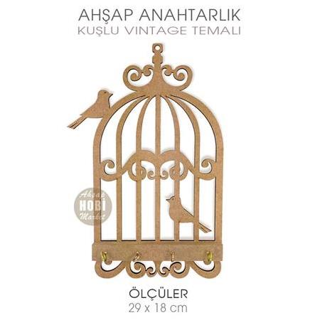 Ahşap Kuşlu Vintage Anahtarlık Kapı Süsü (29x18 cm)