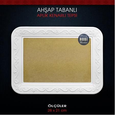 Ahşap Tabanlı Aplik Kenarlı Tepsi (28x21 cm) Ham