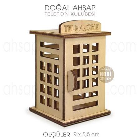 Minyatür Telefon Kulübesi (9x5,5 cm) Doğal Ahşap