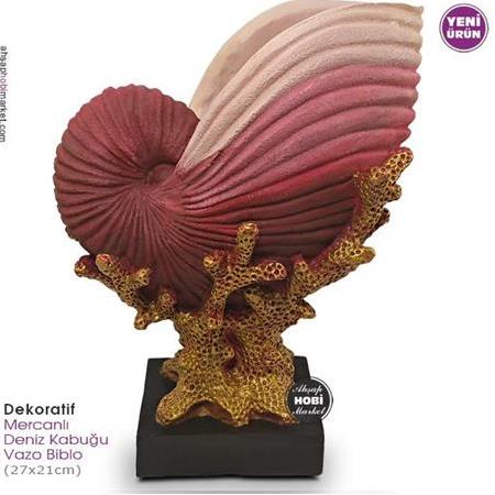 Dekoratif Mercanlı Deniz Kabuğu Vazo Biblo (27x21cm)