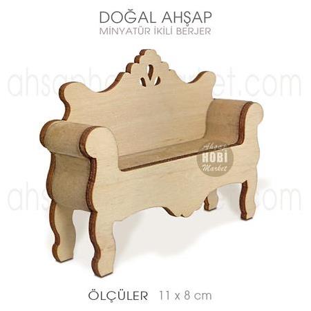 Minyatür Berjer Koltuk İkili (11x8 cm) Doğal Ağaç