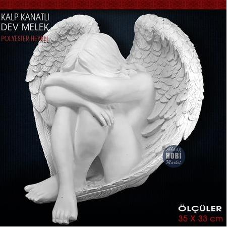 Kalp Kanatlı Dev Melek Heykeli (35x33 cm) Ham Polyester