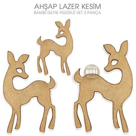 Bambi Geyik Figürlü Ahşap Süsler (3 Parça) Lazer Kesim