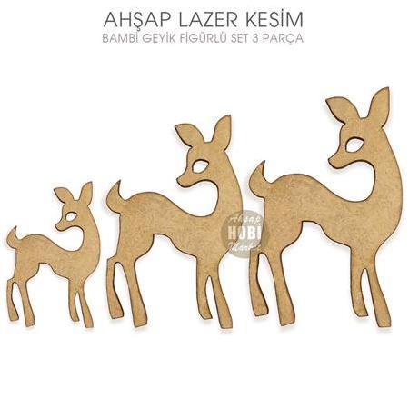 Bambi Geyik Figürlü Ahşap Süsler (3 Parça) Lazer Kesim