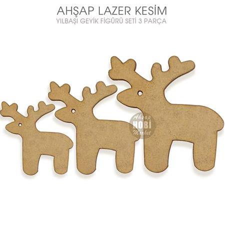 Yılbaşı Ren Geyikleri Figürlü Süsler (3 Parça) Ahşap Lazer Kesim