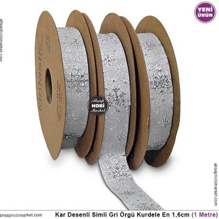 Kar Tanesi Desenli Simli Gri Kurdele En 16mm - 1 Metre