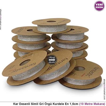 Toptan Kar Tanesi Desenli Simli Gri Kurdele 1,6cm - 10 Metre Makara