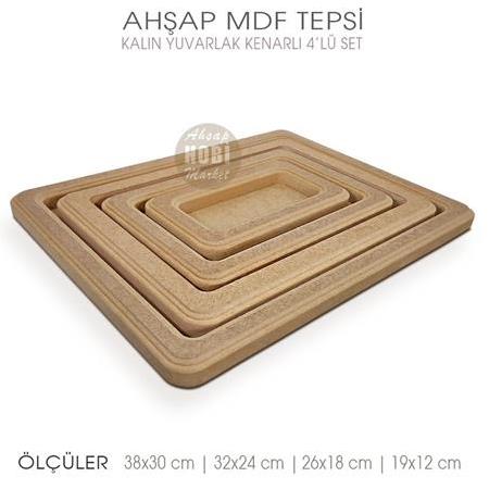 Ahşap Kalın Yuvarlak Kenarlı Tepsi Seti (4 Parça) Ham