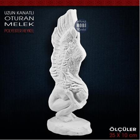 Uzun Kanatlı Oturan Melek Biblo (25x10 cm) Ham Polyester