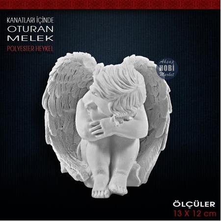 Kanatları İçinde Oturan Melek Biblo (13x12 cm) Ham Polyester