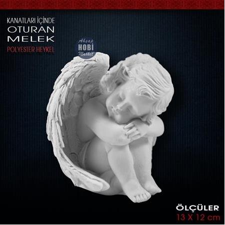 Kanatları İçinde Oturan Melek Biblo (13x12 cm) Ham Polyester