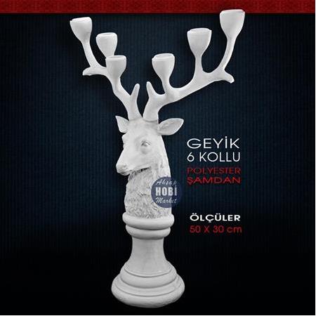 Geyikli Şamdan Büyük Boy 6 Kollu (50x30 cm) Ham Polyester