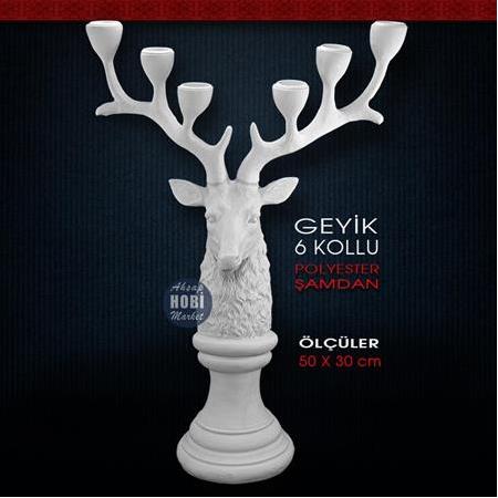 Geyikli Şamdan Büyük Boy 6 Kollu (50x30 cm) Ham Polyester