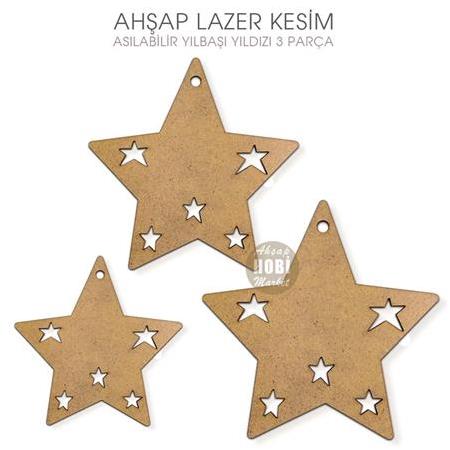 Ahşap Lazer Asılabilir Yılbaşı Yıldızları Seti (3 Parça)