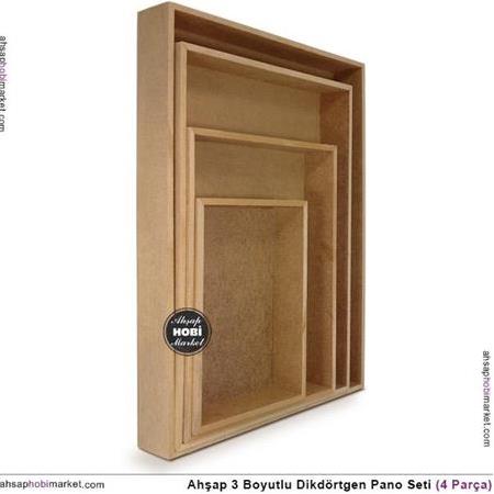 Ham Ahşap Derin Dikdörtgen Pano Seti (4 Parça)