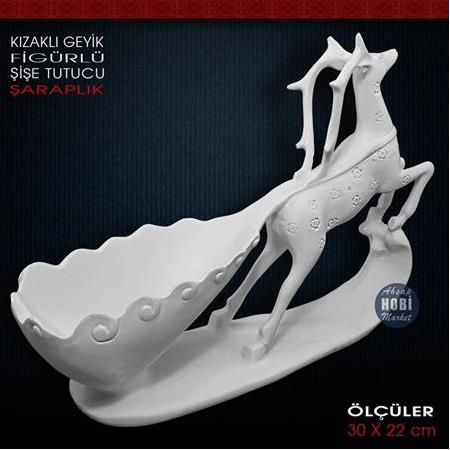 Kızaklı Geyik Figürlü Şişe Tutucu Şaraplık (30x22 cm) Ham Polyester