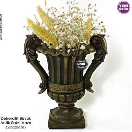 Dekoratif Antik Saksı Vazo Siyah Gold (Çiçek Dahil)